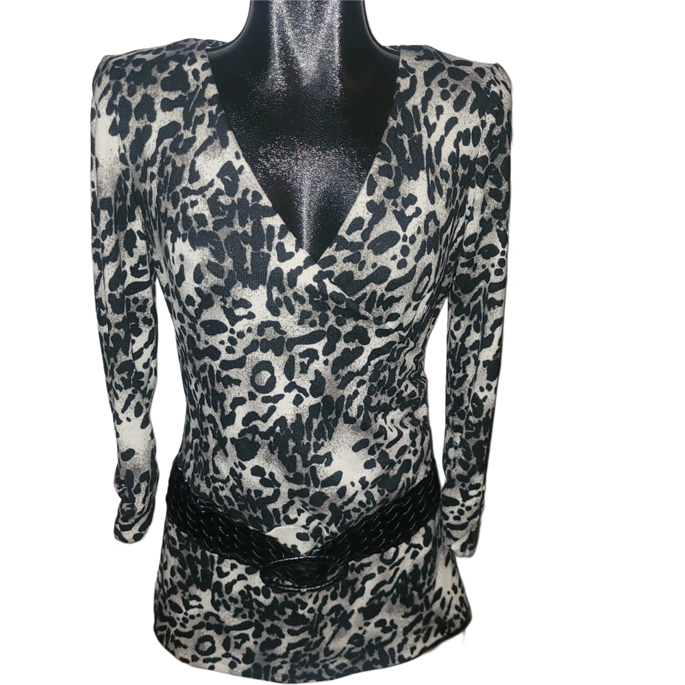 Guilty Leopard Print Faux Wrap Women's Top With Attached Belt Size L